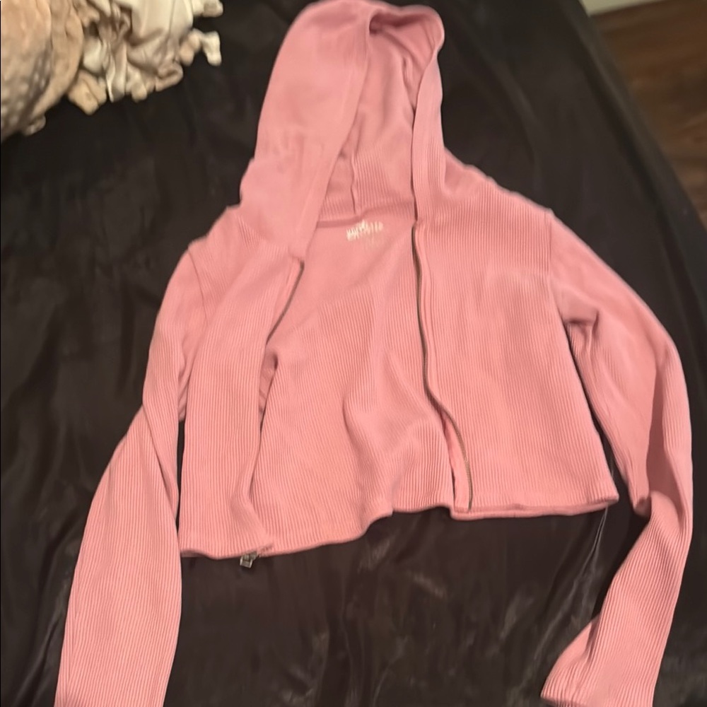 Hollister Pink Cropped Waffle Zip Up